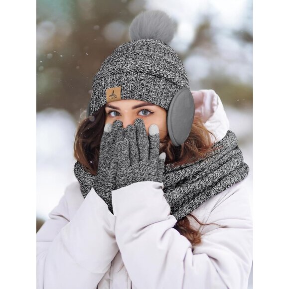 Women’s Black Knit Beanie Hat, Gloves, Scarf & Ear Warmer Set - Winter - Picture 6 of 7